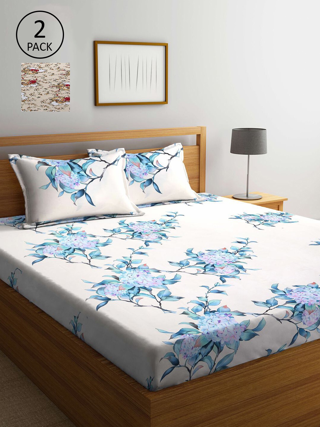 

KLOTTHE White & Beige Floral 210 TC 2 King Bedsheet with 4 Pillow Covers