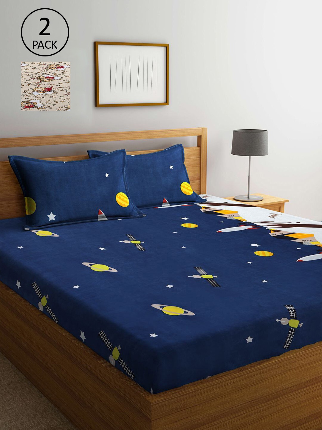 

KLOTTHE Navy Blue & Beige Floral 210 TC 2 King Bedsheet with 4 Pillow Covers
