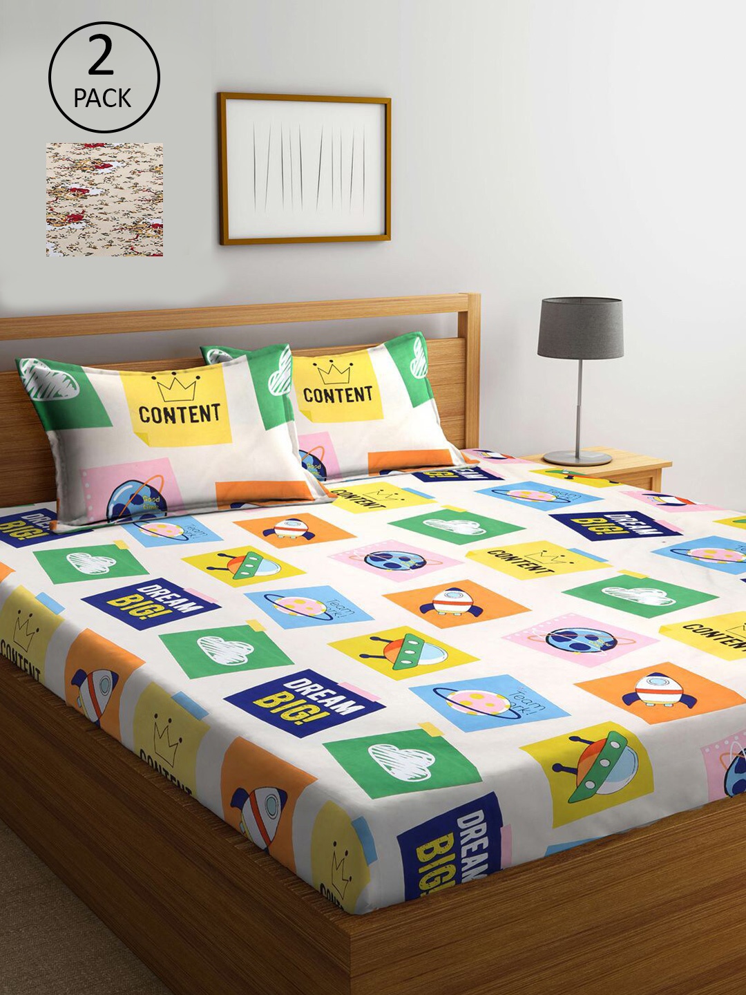 

KLOTTHE White & Beige Printed 210 TC 2 King Bedsheet with 4 Pillow Covers