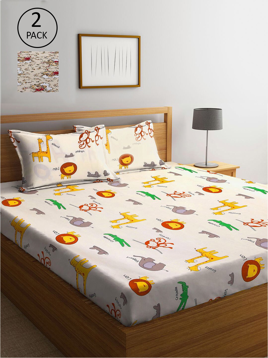 

KLOTTHE Cream-Coloured & Beige Cartoon Characters 210 TC 2 King Bedsheet with 4 Pillow Covers