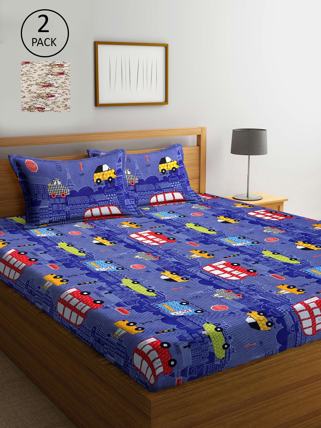 

KLOTTHE Blue & Beige Cartoon Characters 210 TC 2 King Bedsheet with 4 Pillow Covers