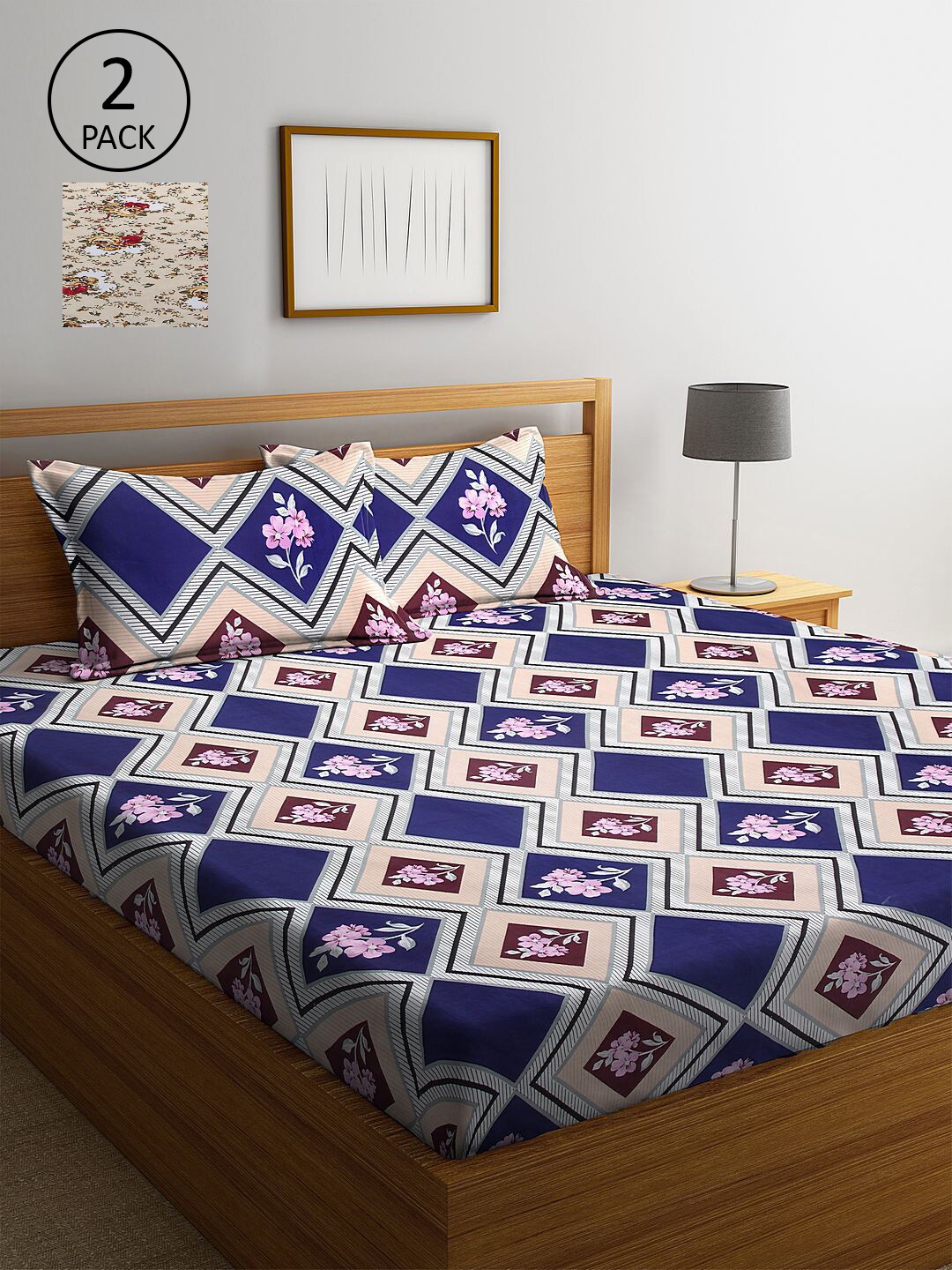 

KLOTTHE Cream & Beige Printed 210 TC 2 King Bedsheet with 4 Pillow Covers