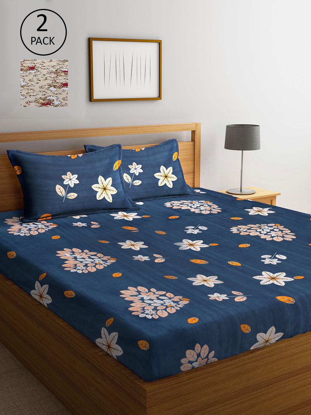 

KLOTTHE Navy Blue & Beige Printed 210 TC 2 King Bedsheet with 4 Pillow Covers