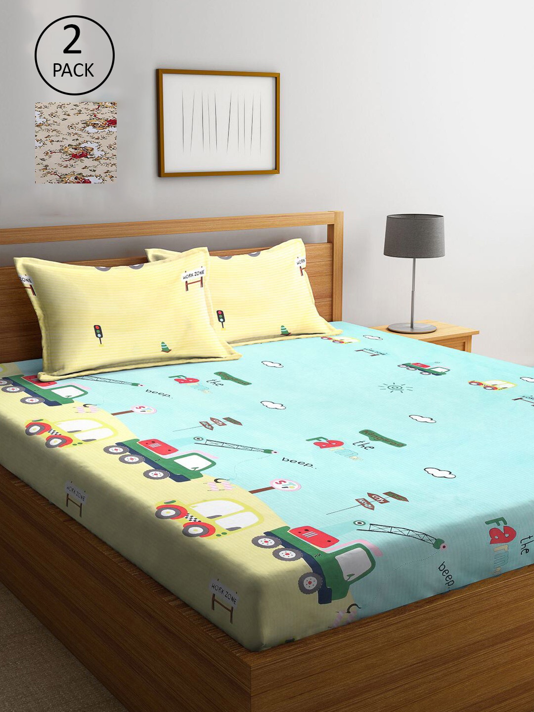 

KLOTTHE Beige & Blue Printed 210 TC 2 King Bedsheet with 4 Pillow Covers