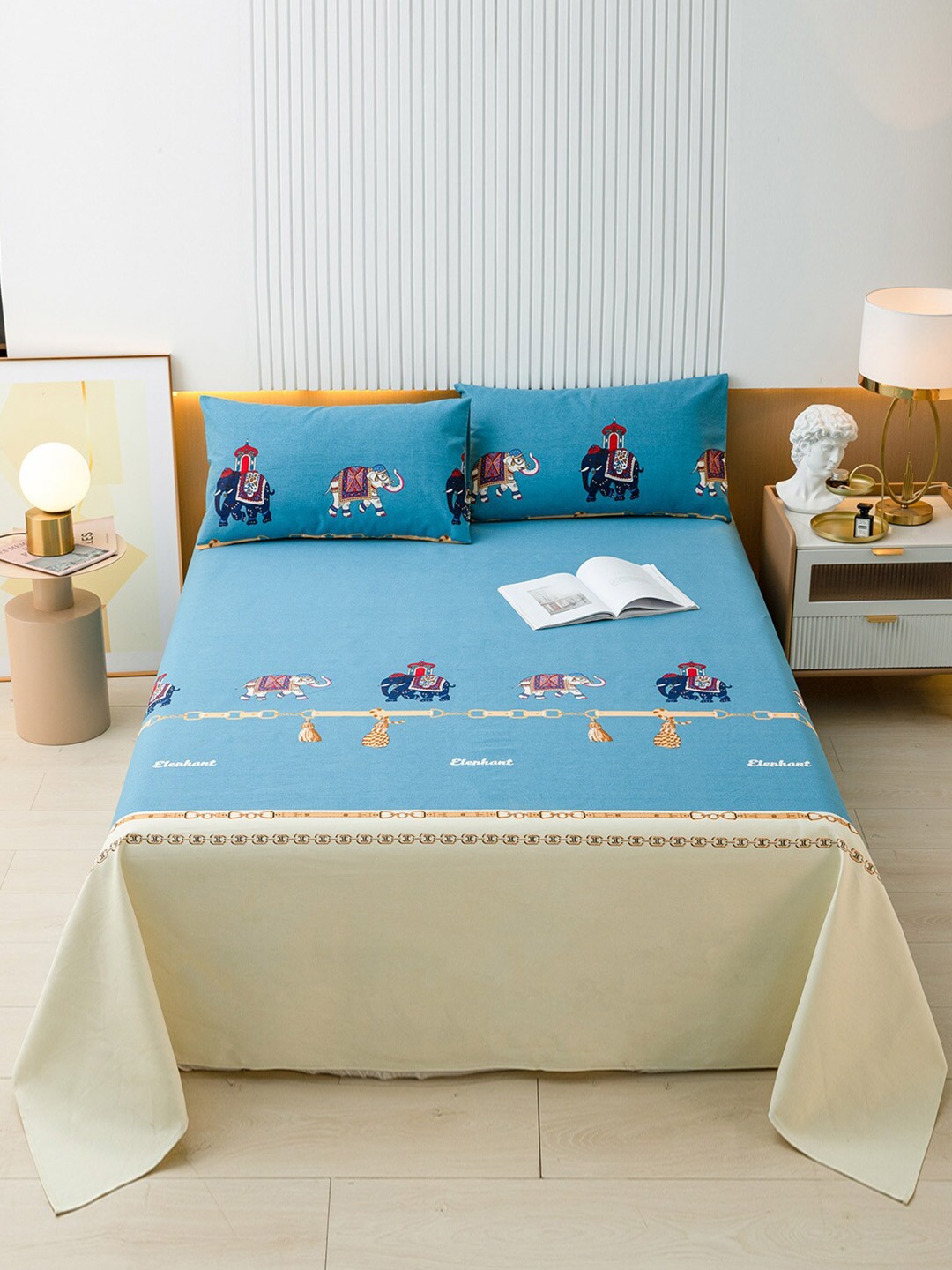 

JC Collection Blue 144 TC Printed Single Cotton Bedsheet with 1 Pillow Covers