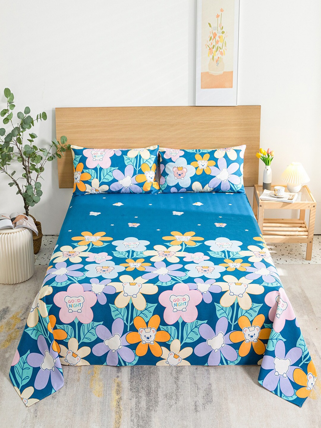 

JC HOME Blue Pink 144 TC Printed Queen Cotton Bedsheet