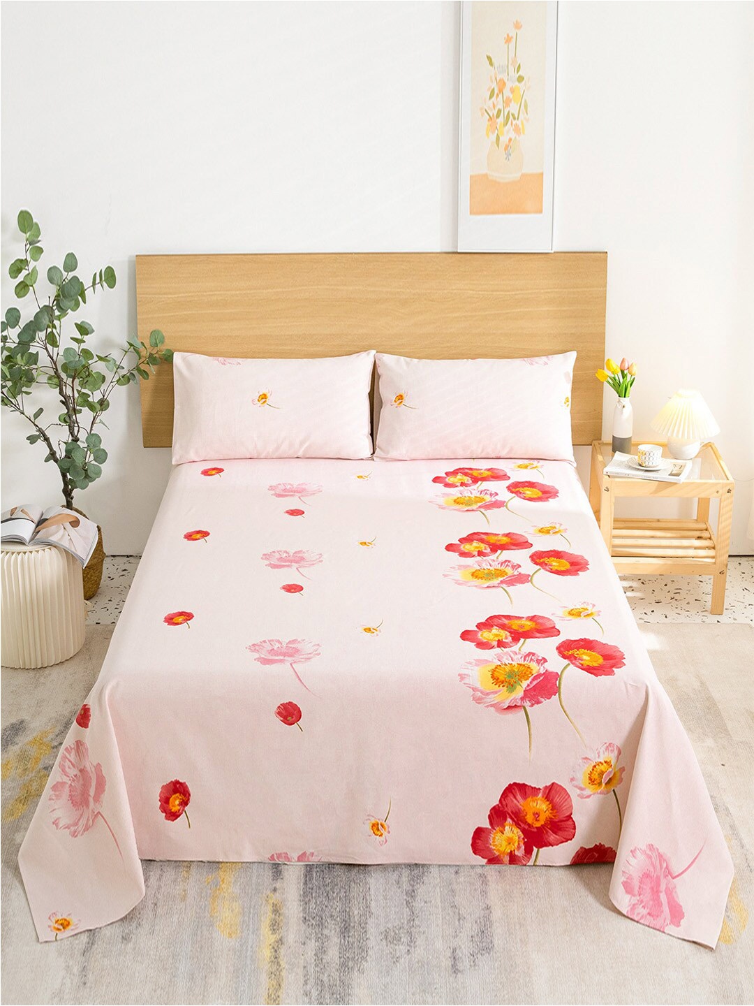 

JC HOME Pink & Red Floral King Bedsheet