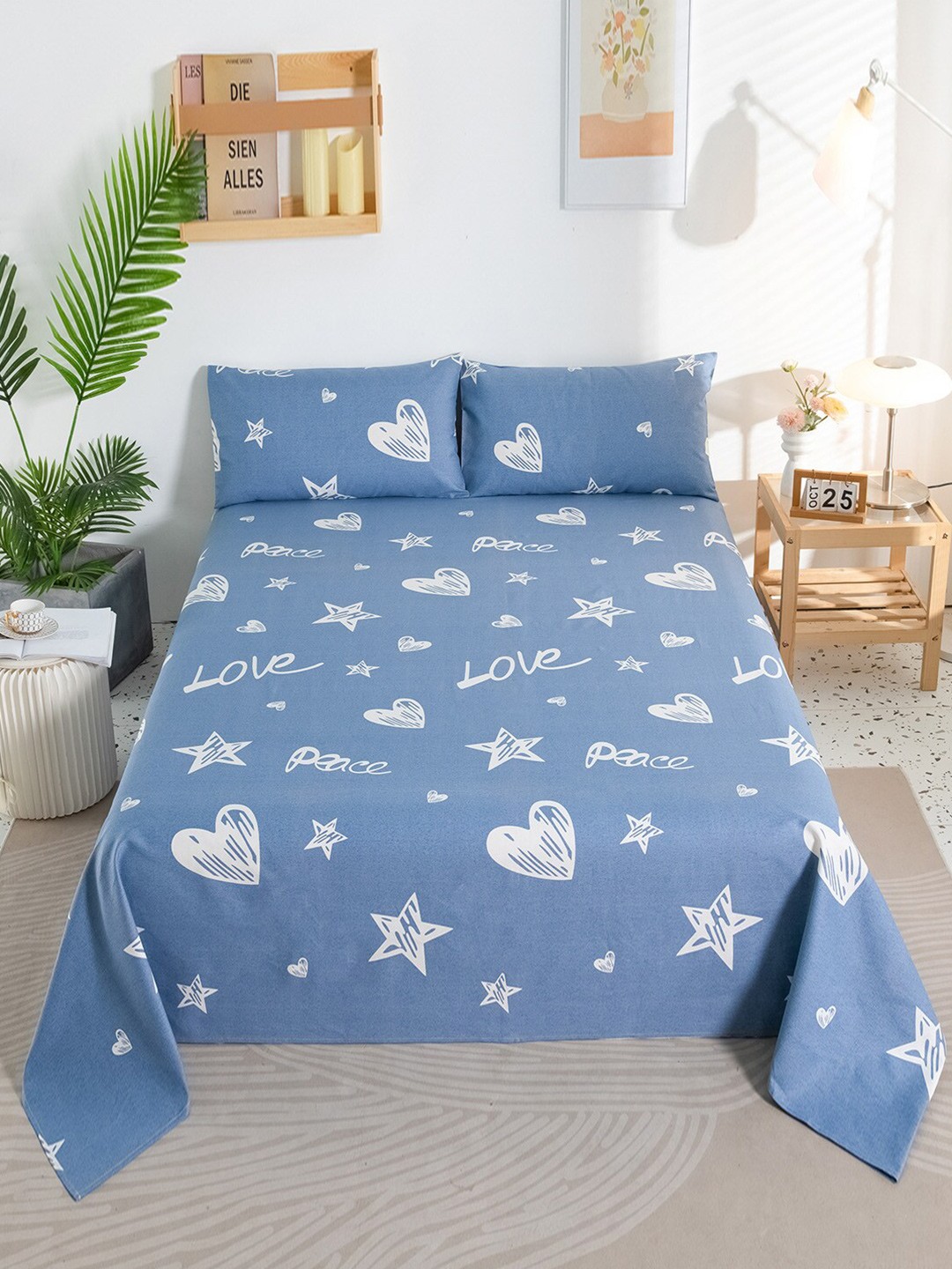 

JC HOME Grey White Graphic King Bedsheet with 2 Pillow Covers
