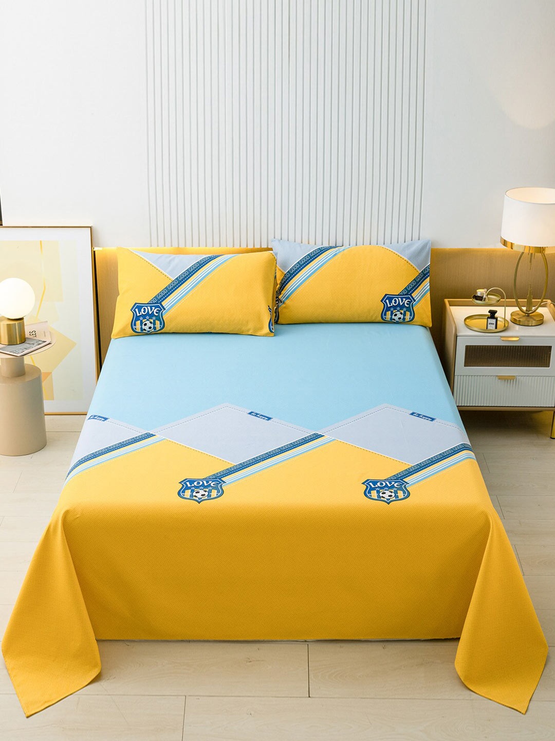 

JC HOME Yellow & Blue 144 TC Printed Queen Cotton Bedsheet