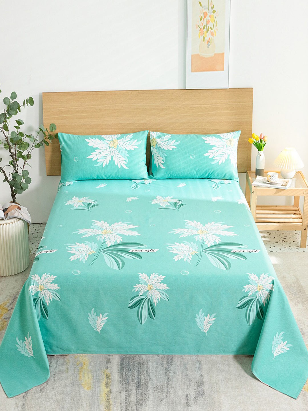 

JC HOME Sea Green & White Floral King Bedsheet