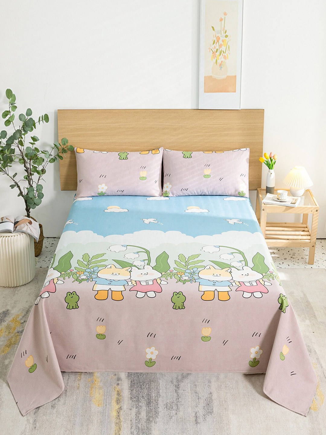 

JC HOME Pink Green Cartoon Characters King Bedsheet