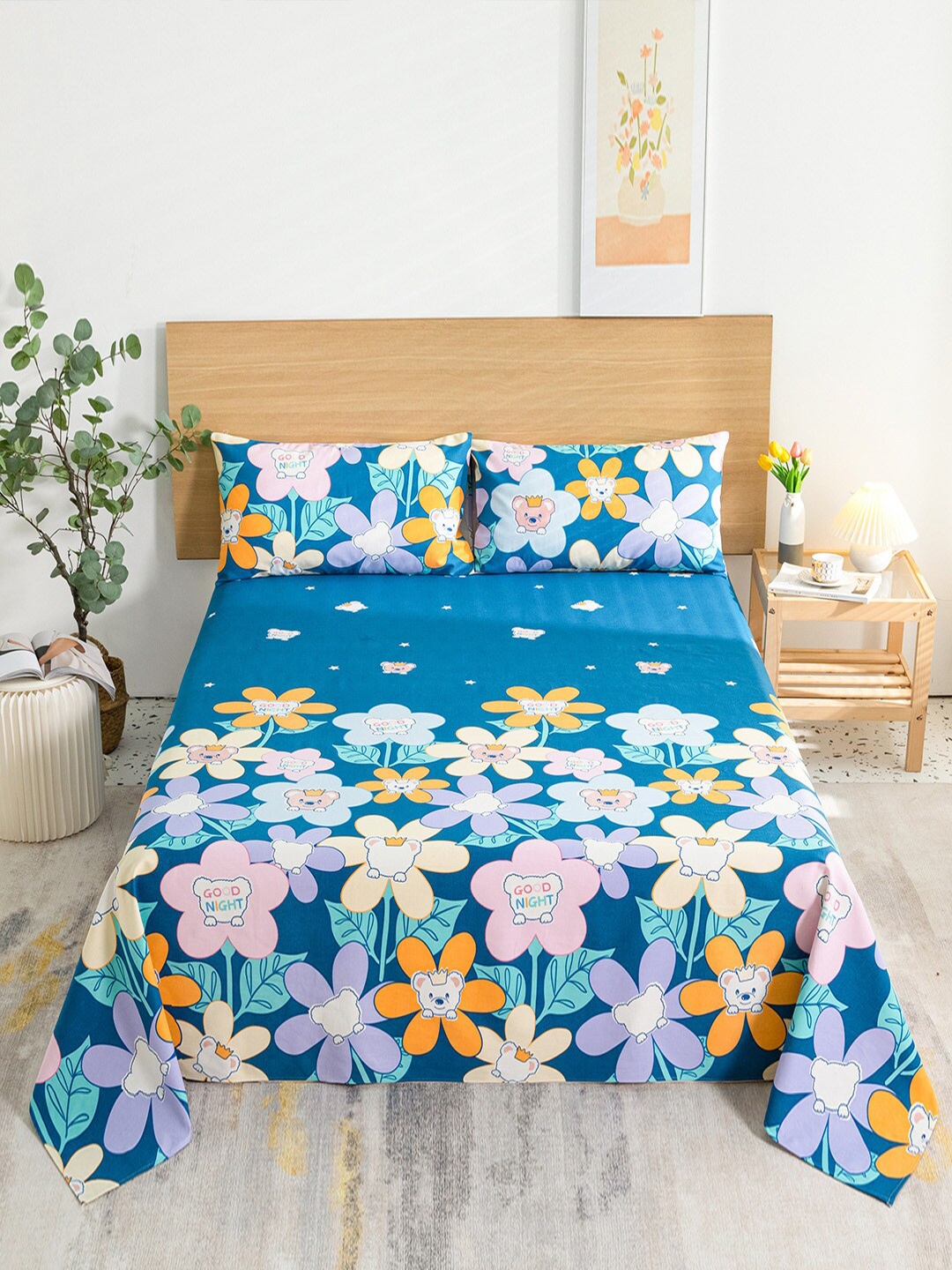 

JC HOME Blue Orange Floral King Bedsheet