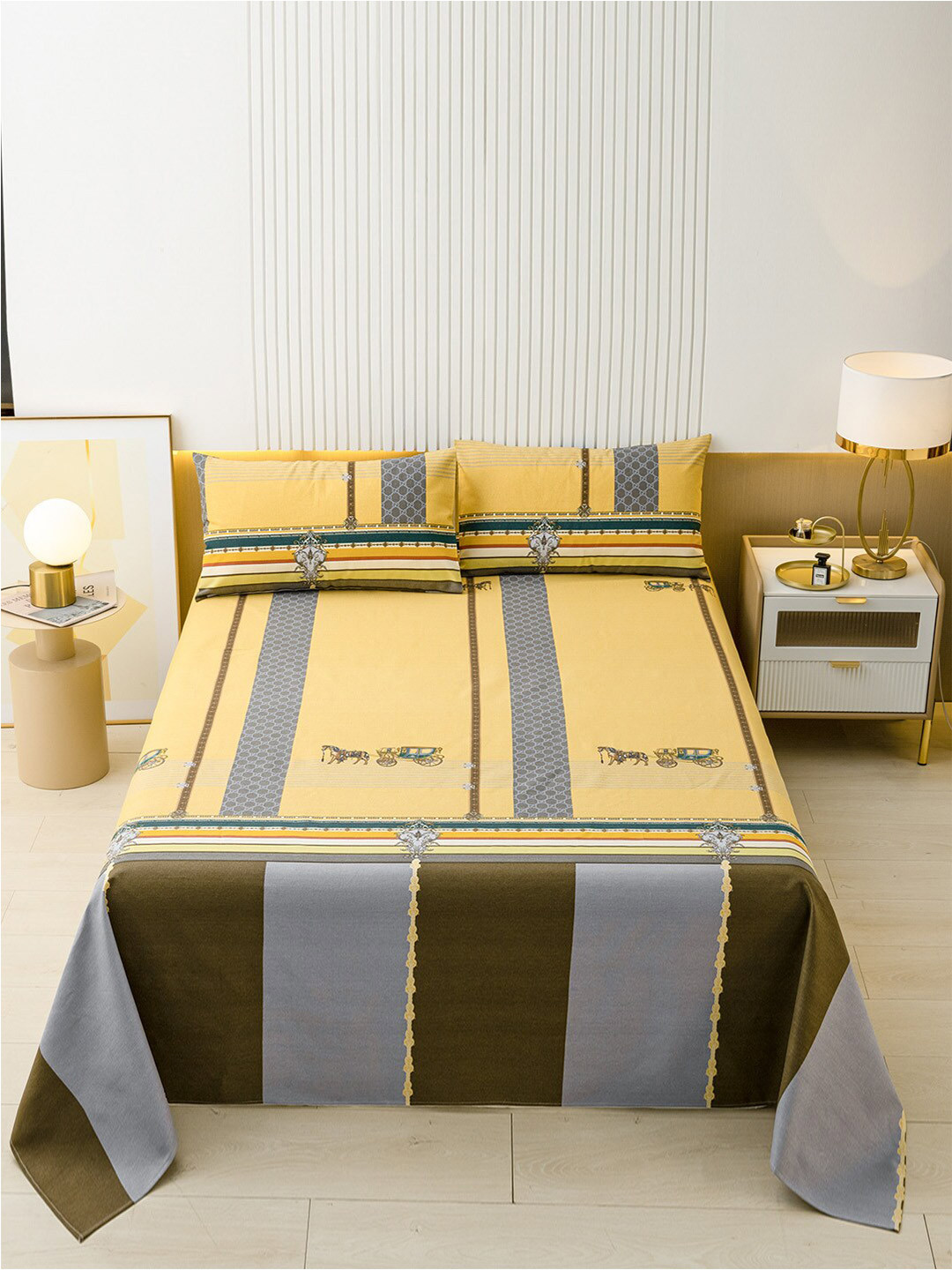 

JC Collection Yellow & Grey 144 TC Printed Queen Cotton Bedsheet