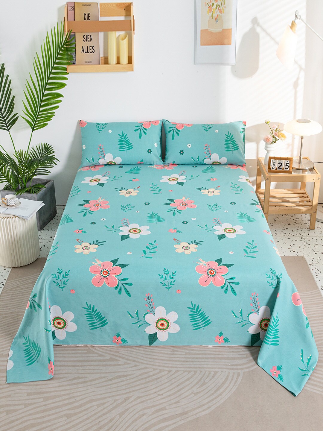 

JC HOME Sea Green & Pink Floral Single Bedsheet