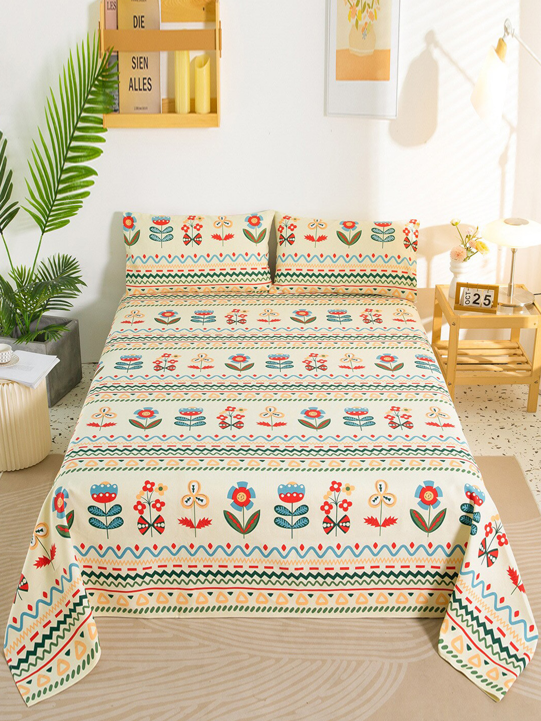 

JC HOME Cream-Coloured & Green Printed King Bedsheet