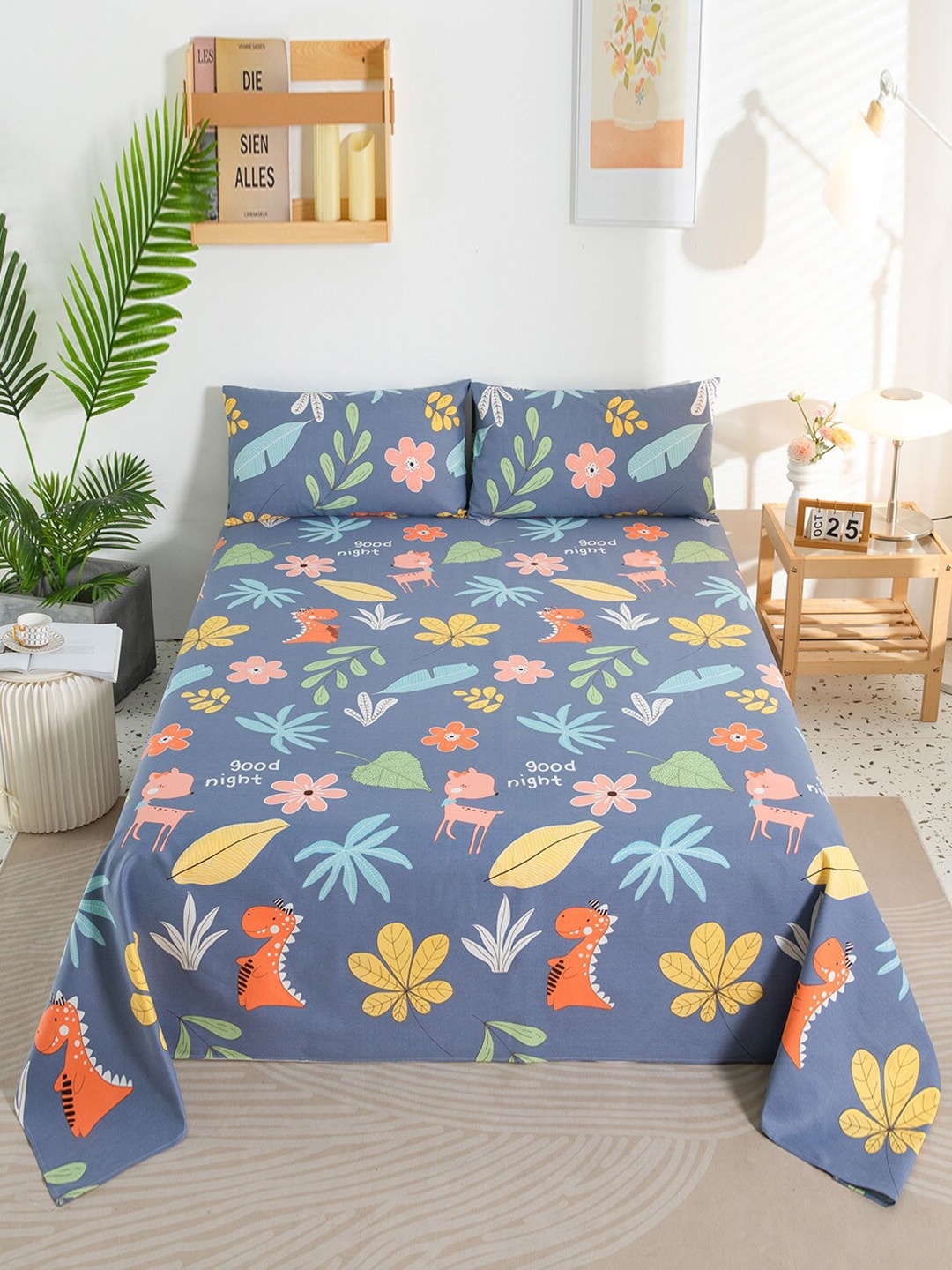 

JC Collection Grey & Orange Floral Queen Bedsheet with Pillow Covers