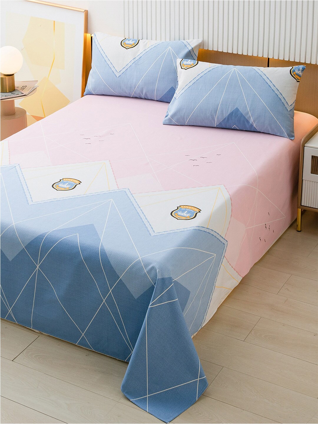 

JC HOME Blue & Pink Graphic Single Bedsheet with Pillow Covers