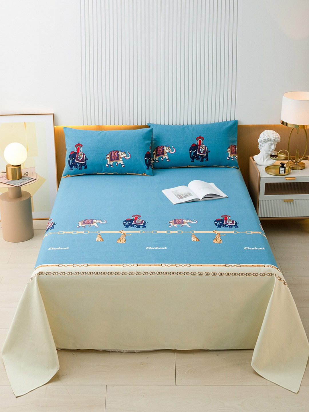 

JC Collection Blue & Off White Ethnic Motifs Queen Bedsheet