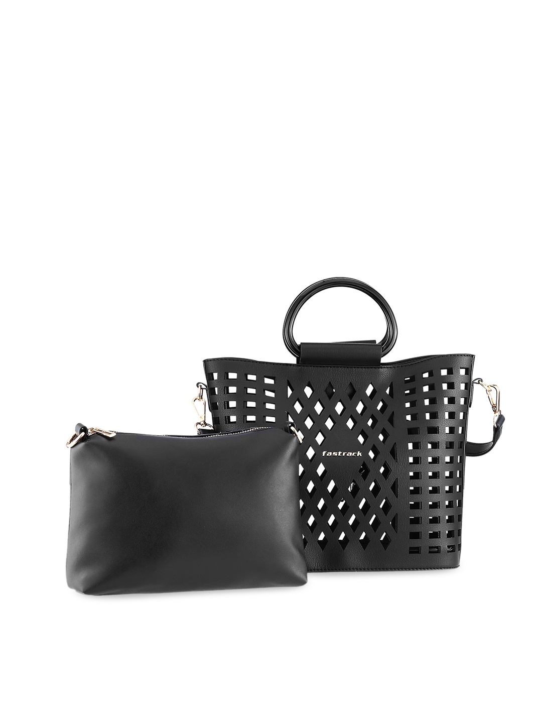 

Fastrack Black Embellished PU Oversized Structured Handheld Bag with Cut Work