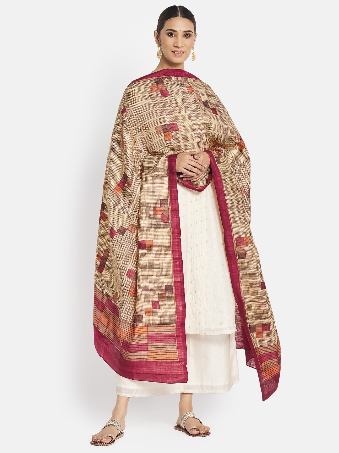 

Fabindia Magenta & Brown Checked Pure Silk Dupatta