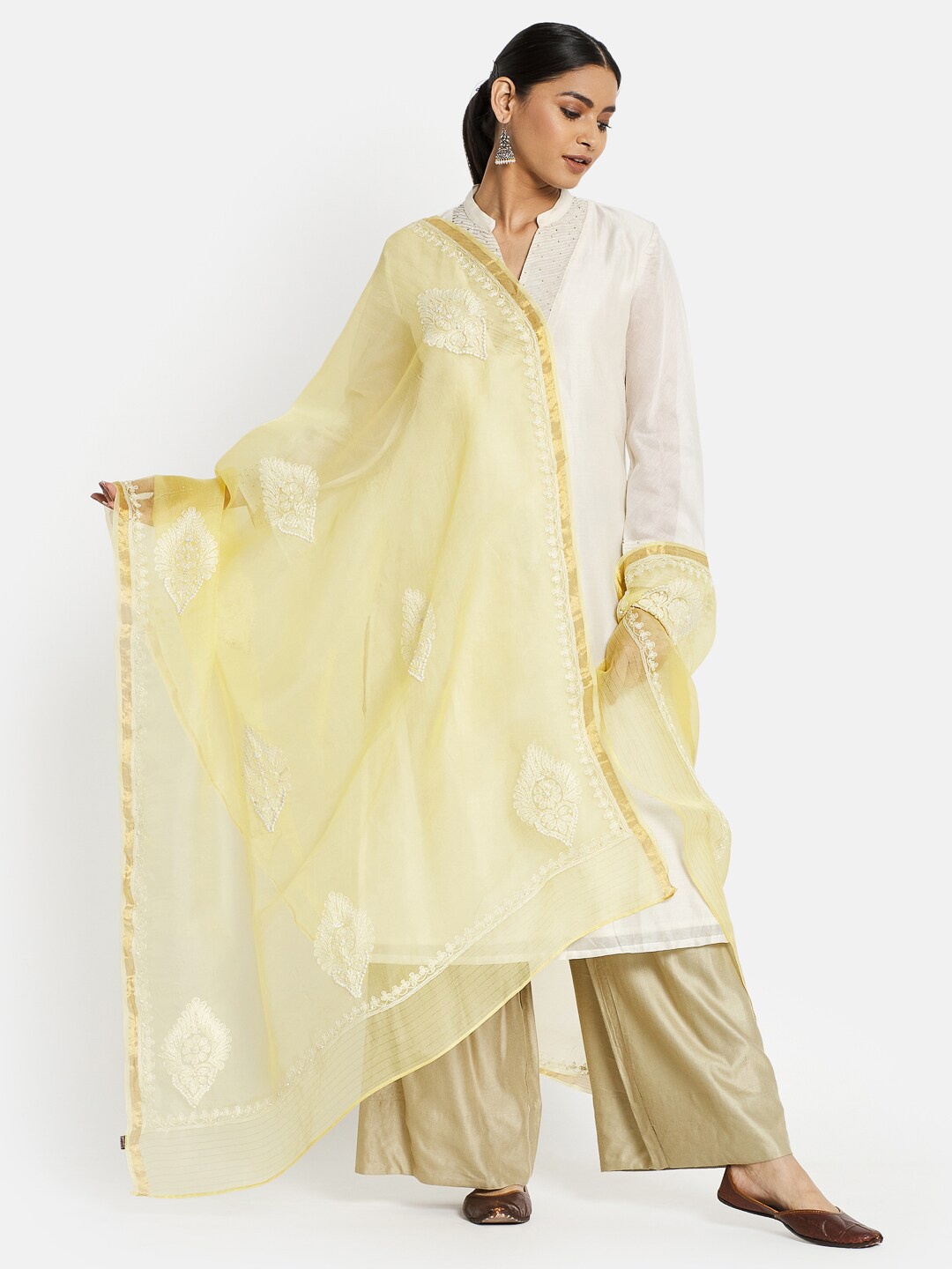 

Fabindia Yellow & White Embroidered Pure Silk Dupatta