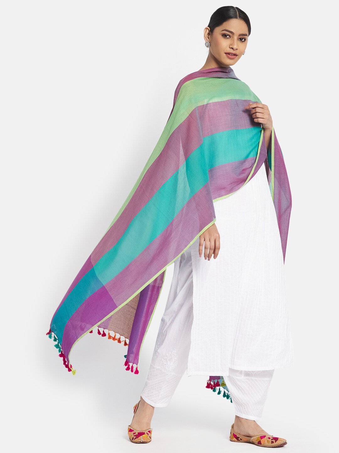 

Fabindia Blue & Purple Striped Pure Cotton Dupatta