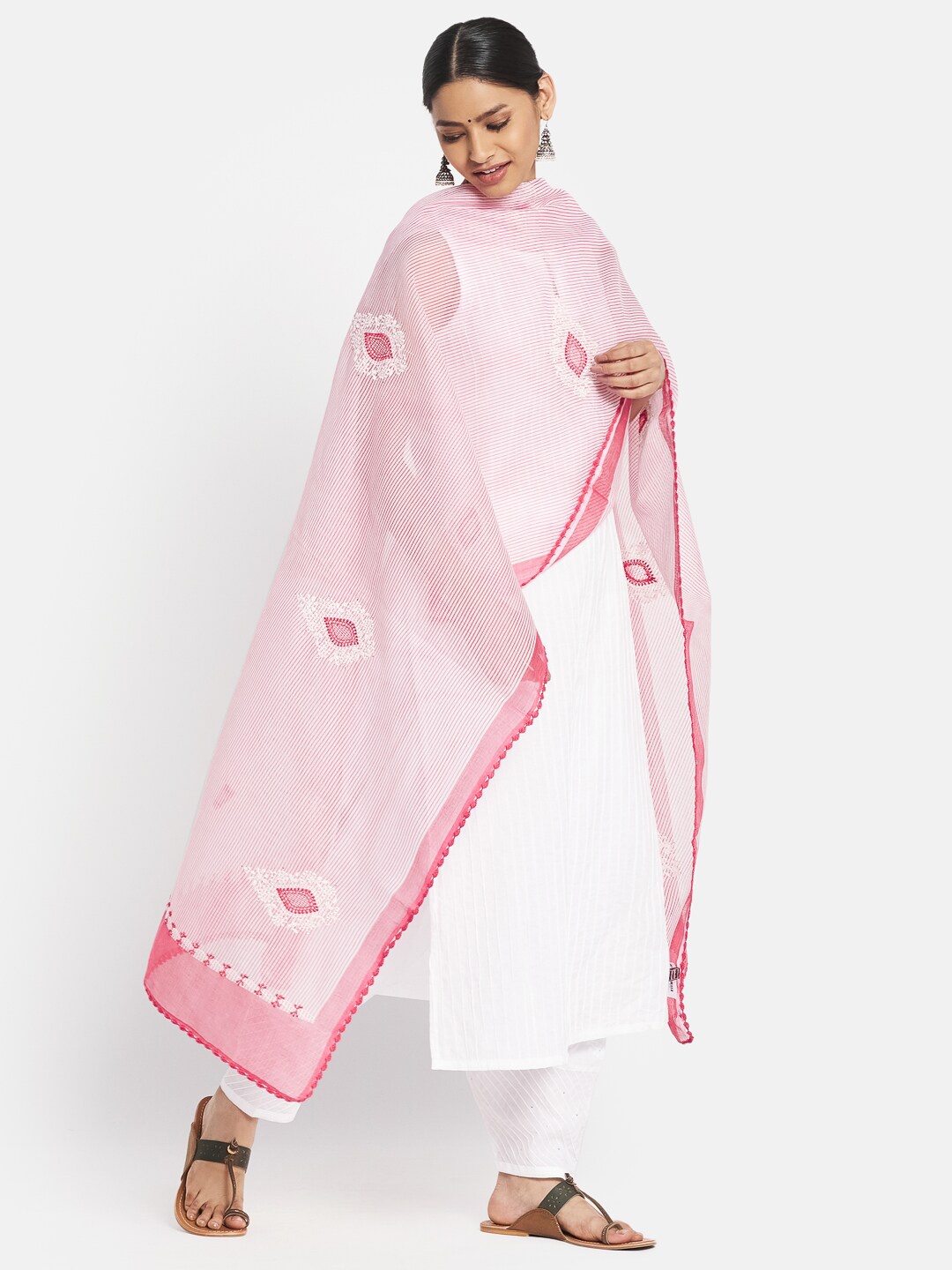 

Fabindia Pink & White Embroidered Cotton Silk Dupatta with Thread Work