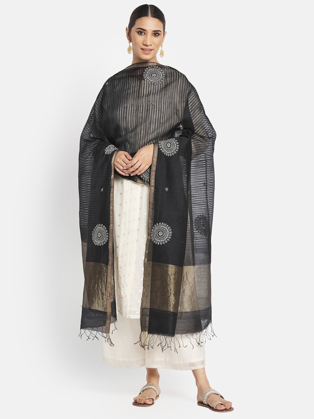 

Fabindia Black & Silver-Toned Ethnic Motifs Embroidered Cotton Silk Dupatta