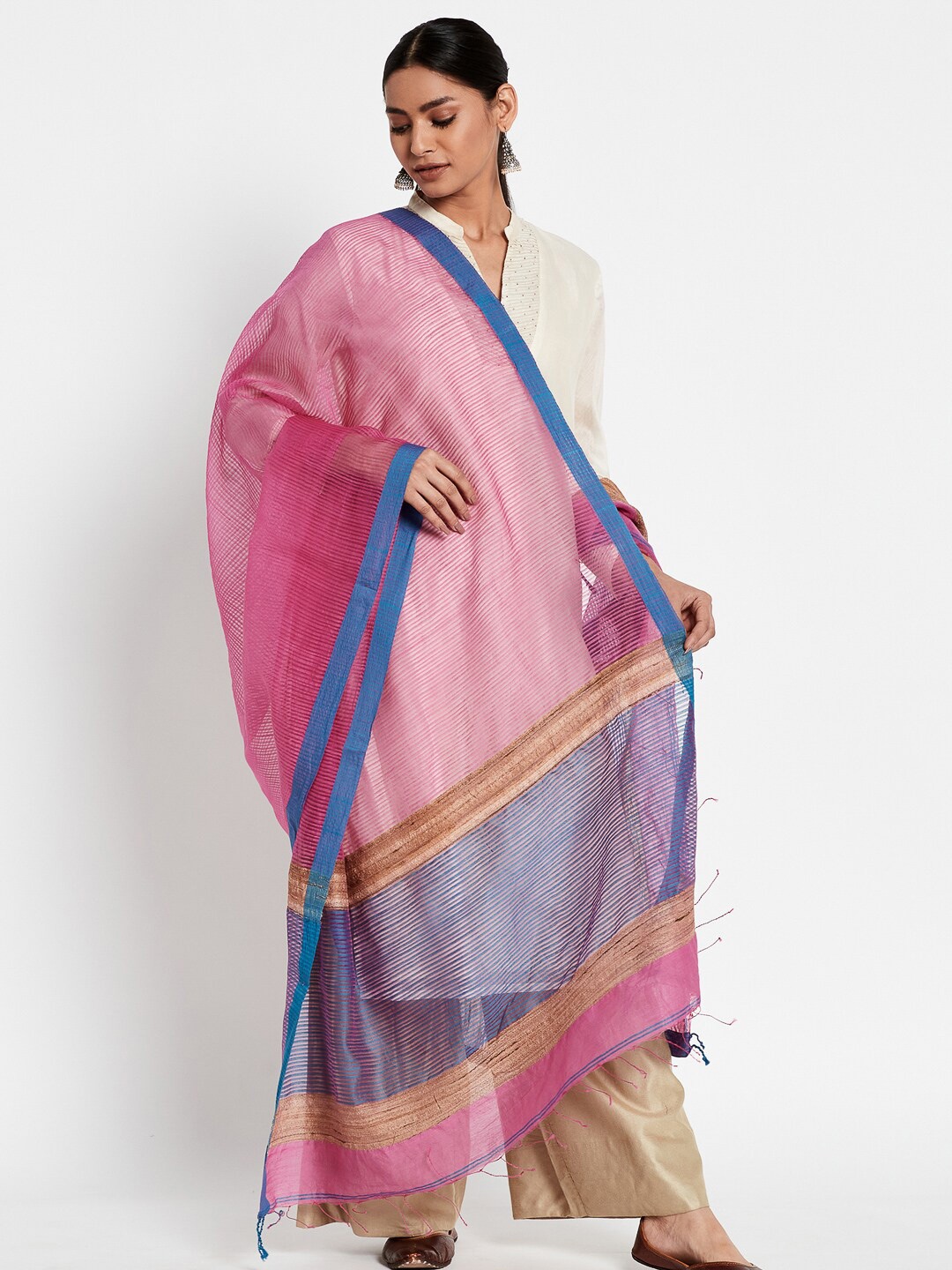 

Fabindia Pink & Blue Striped Cotton Silk Dupatta