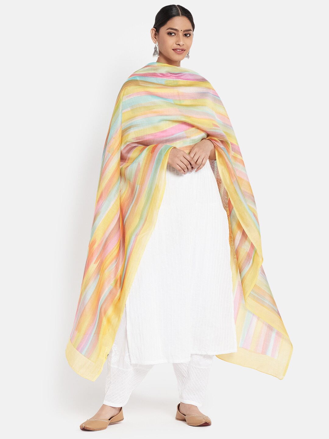 

Fabindia Yellow Printed Cotton Silk Dupatta