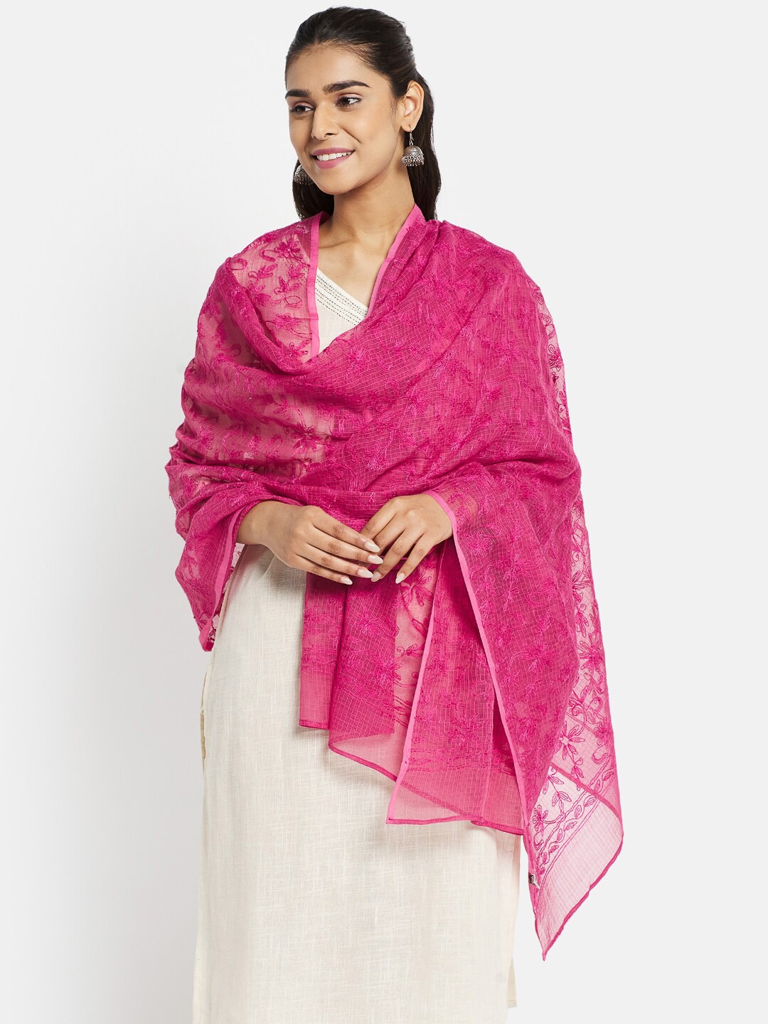 

Fabindia Magenta Embroidered Cotton Silk Dupatta with Thread Work