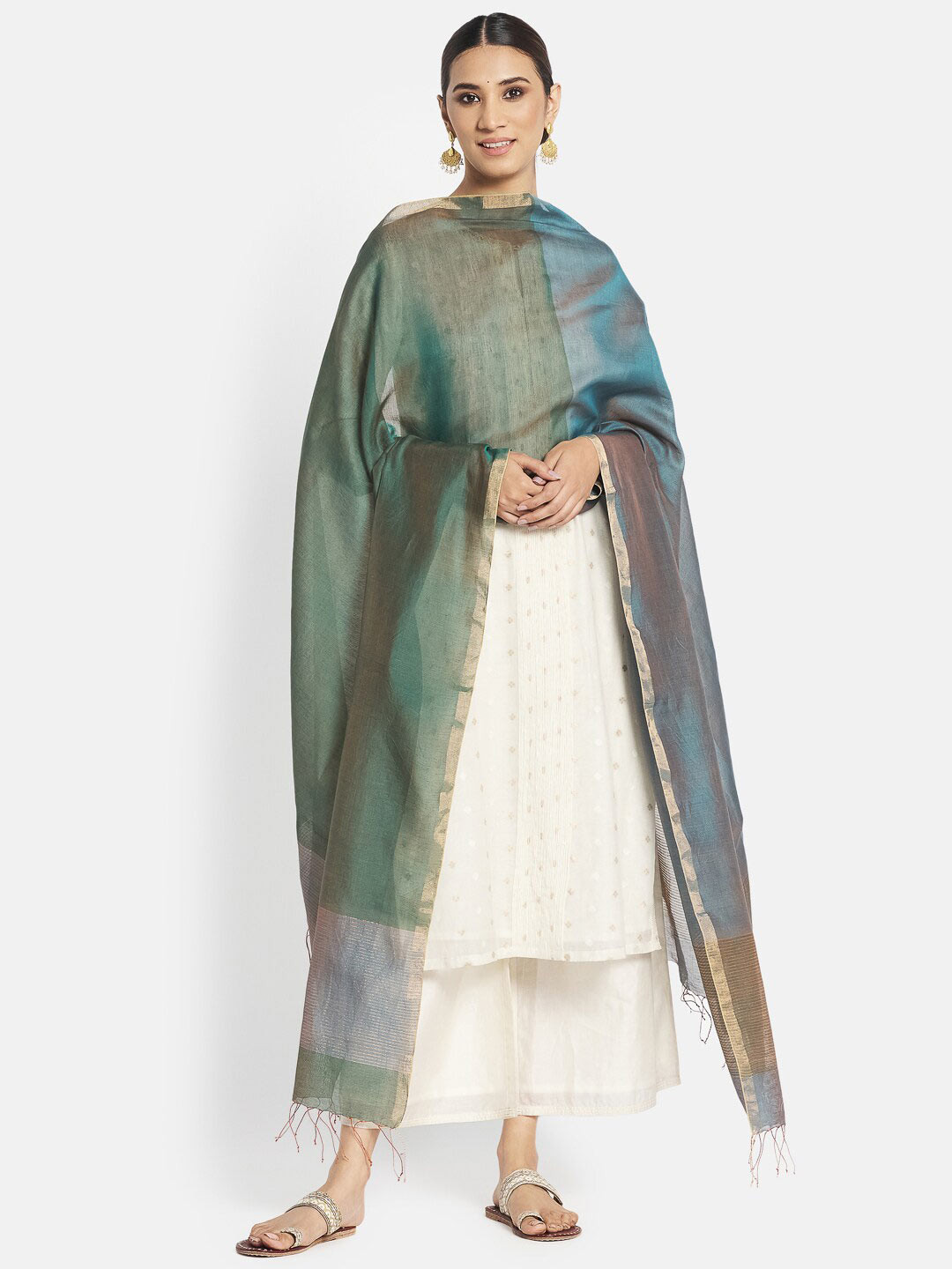 

Fabindia Blue & Green Colourblocked Cotton Silk Dupatta