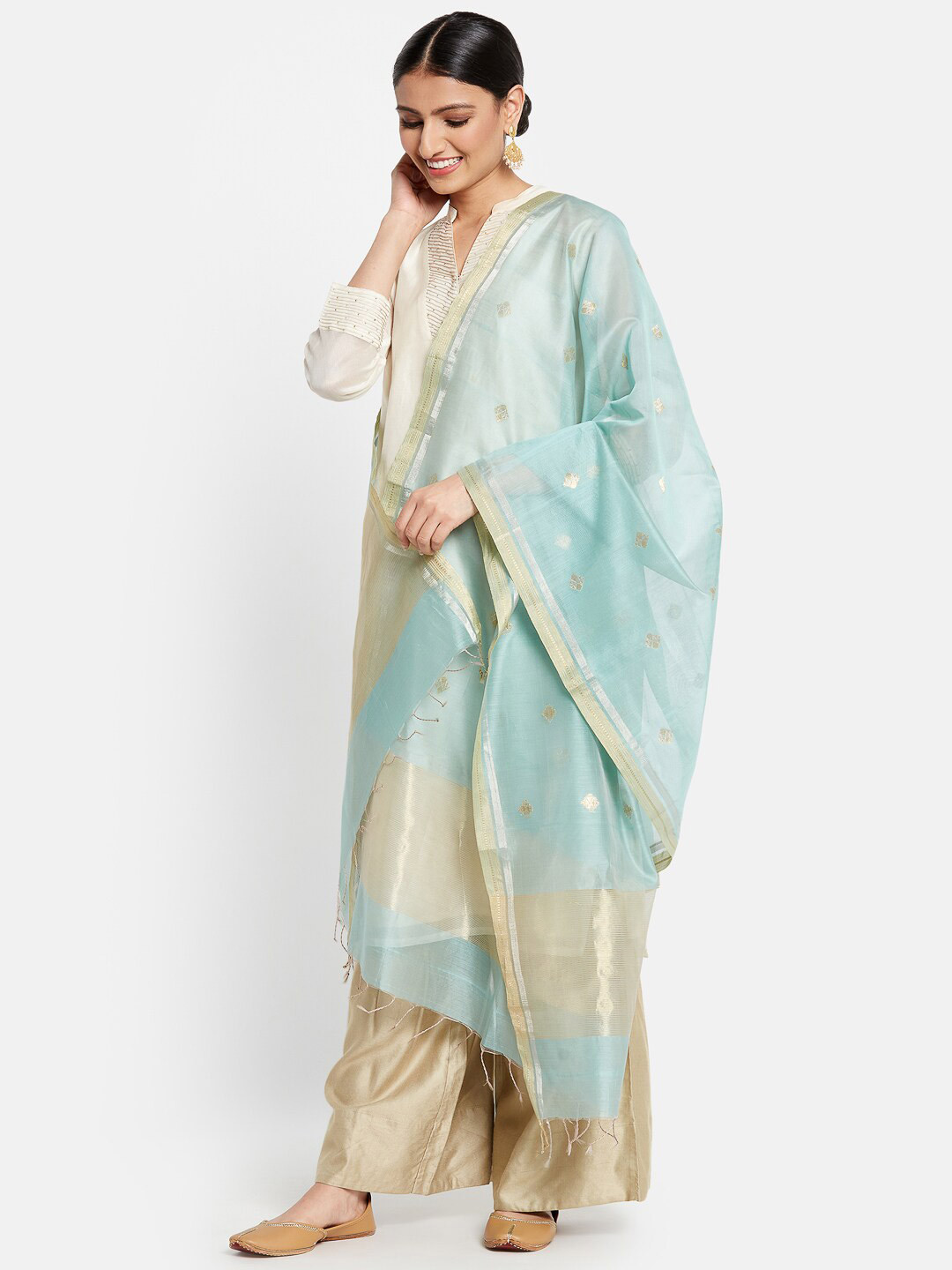 

Fabindia Blue & White Woven Design Cotton Silk Dupatta