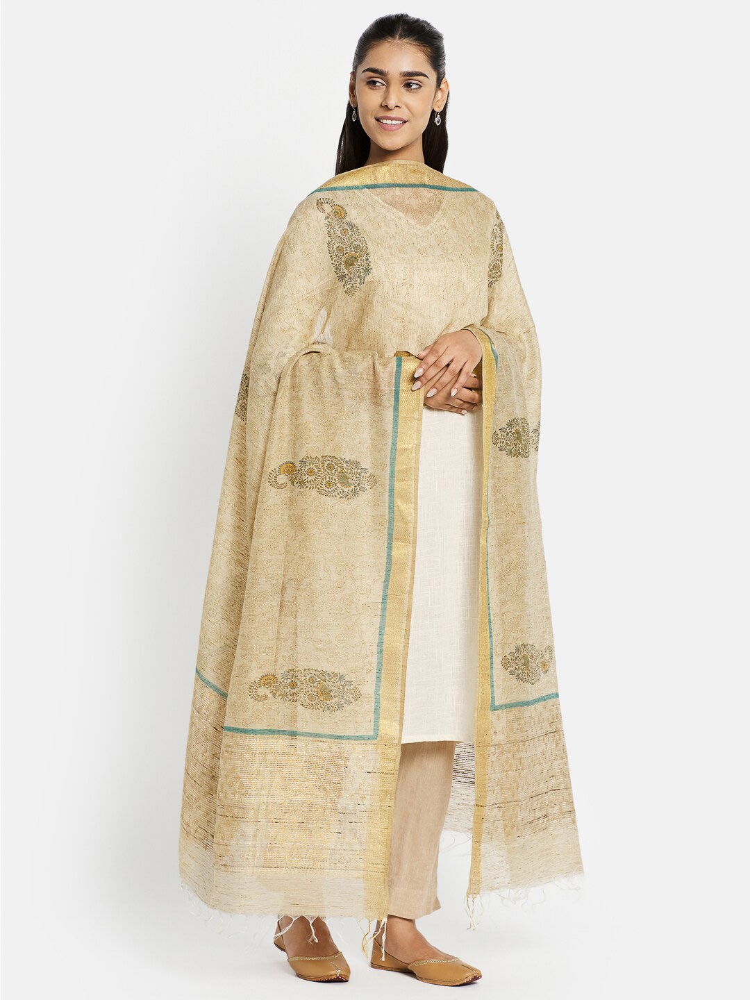 

Fabindia Beige & Yellow Floral Printed Cotton Silk Dupatta