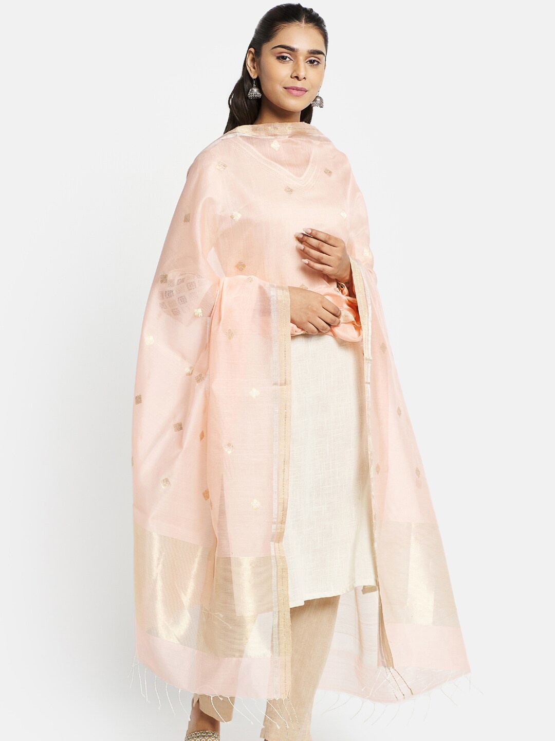 

Fabindia Peach-Coloured & Gold-Toned Ethnic Motifs Woven Design Cotton Silk Dupatta