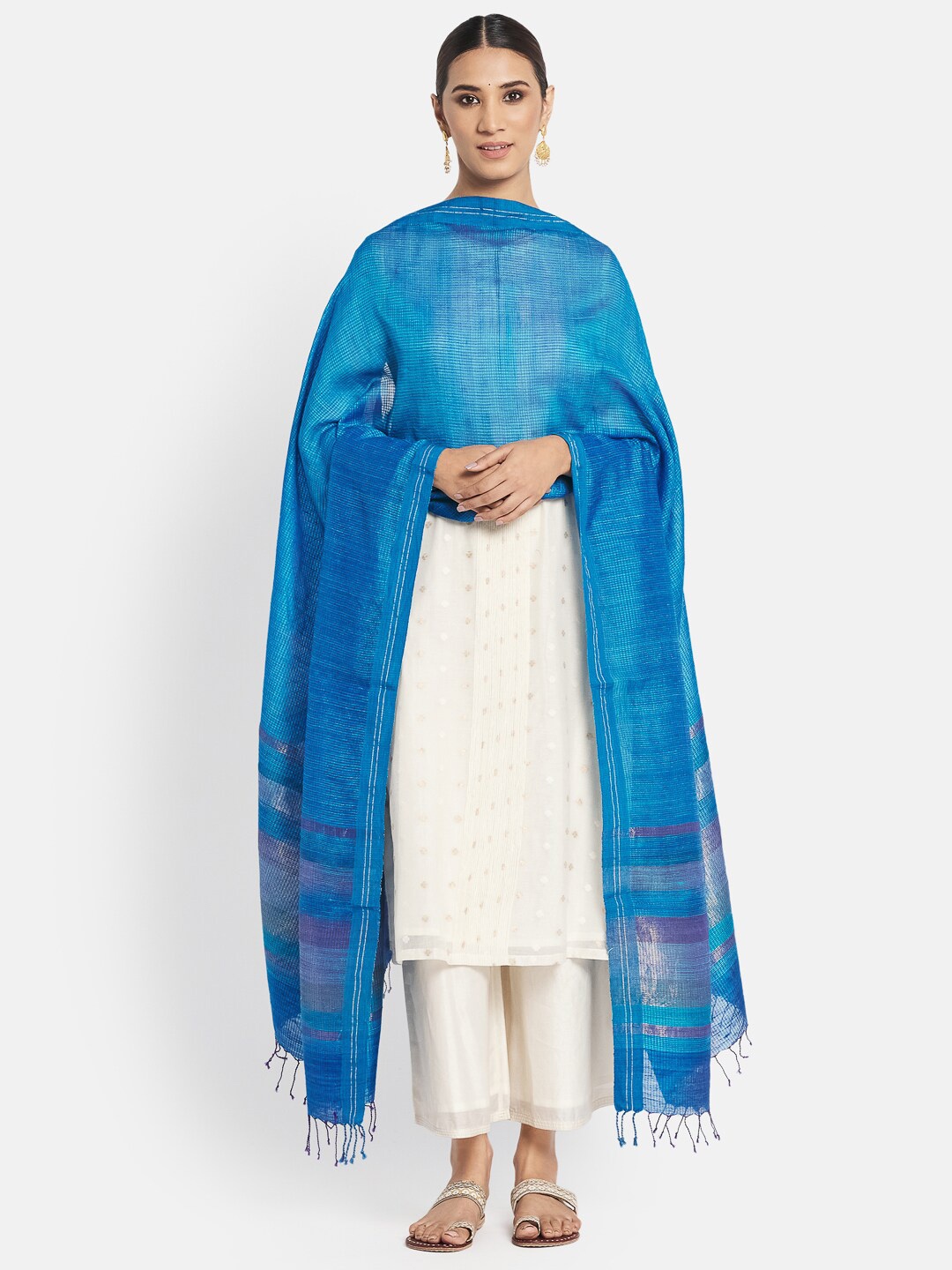 

Fabindia Turquoise Blue Woven Design Pure Silk Dupatta
