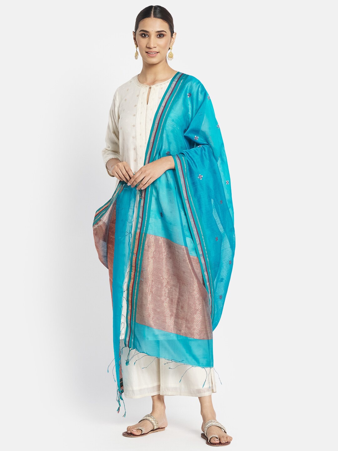 

Fabindia Turquoise Blue & Maroon Woven Design Cotton Silk Dupatta