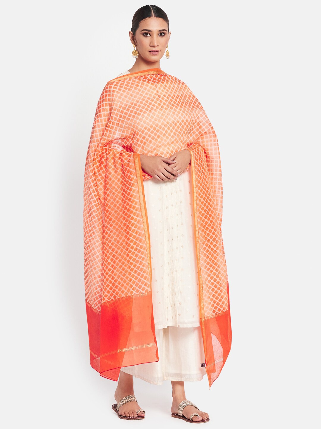 

Fabindia Orange & White Printed Cotton Silk Dupatta with Zari