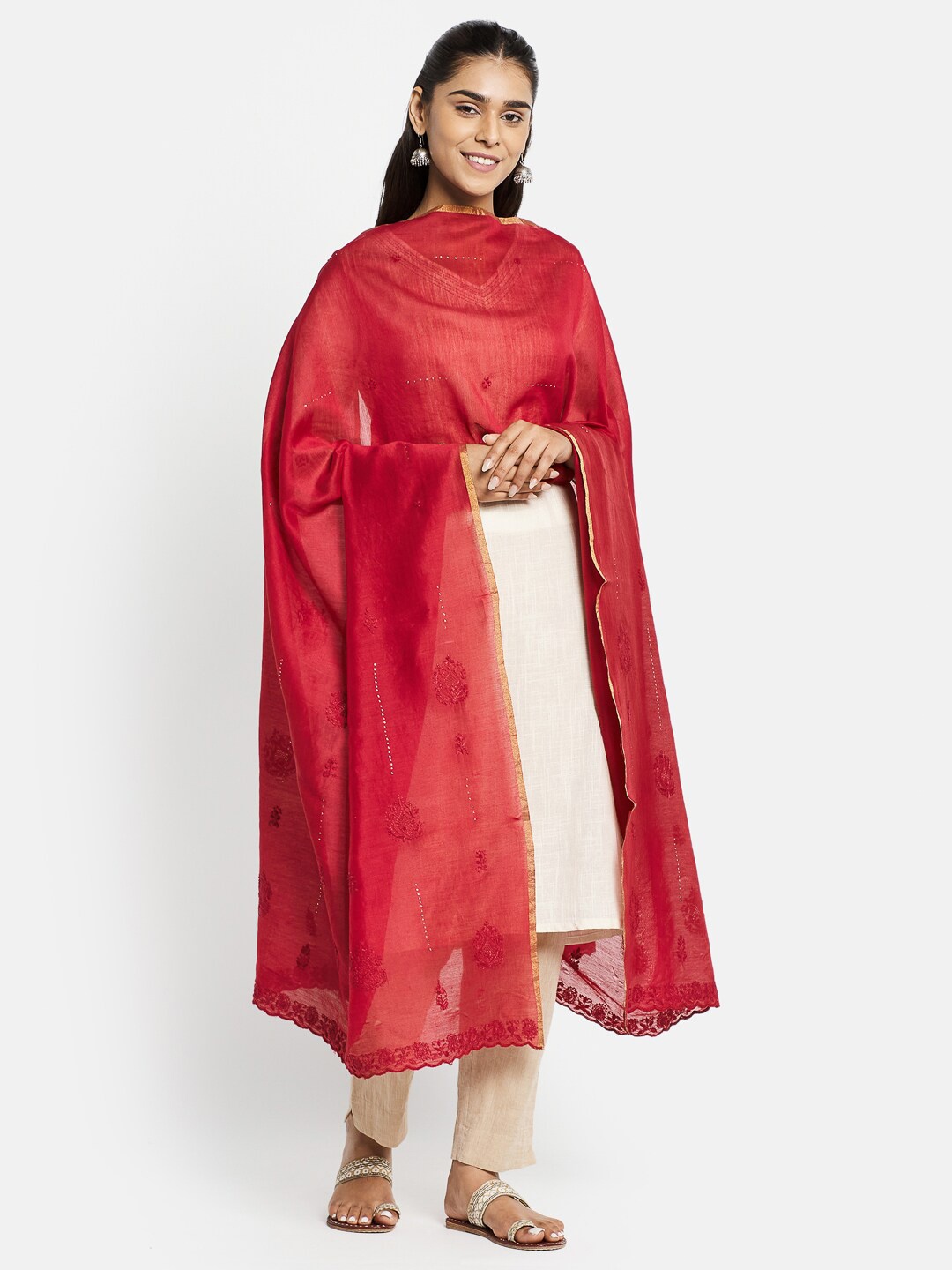 

Fabindia Maroon & Gold-Toned Ethnic Motifs Embroidered Cotton Silk Dupatta