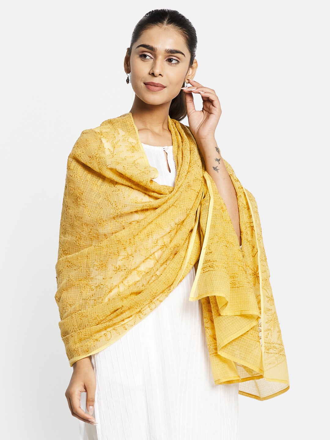 

Fabindia Yellow & White Embroidered Cotton Silk Dupatta