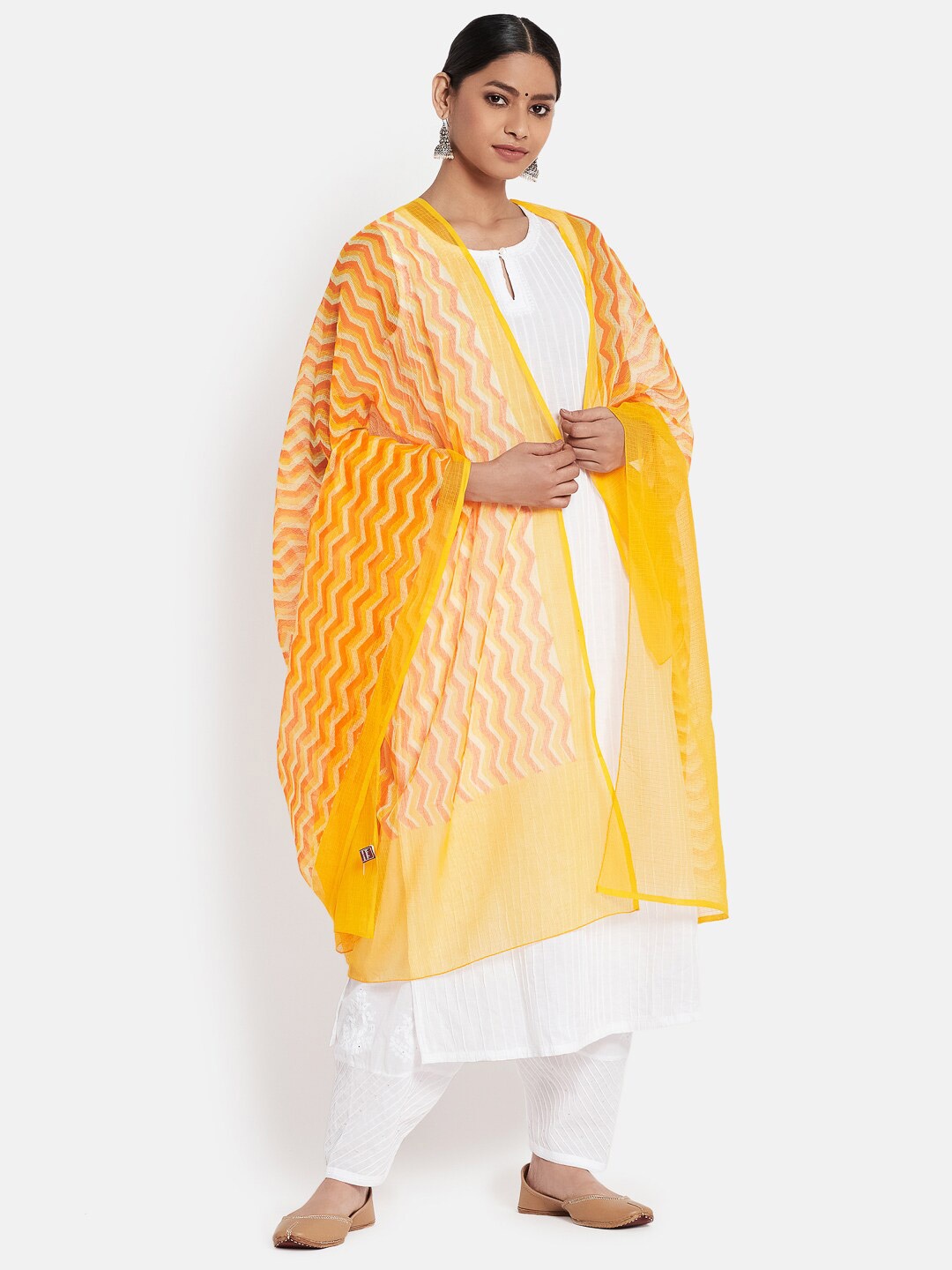 

Fabindia Mustard & White Chevron Printed Silk Cotton Dupatta