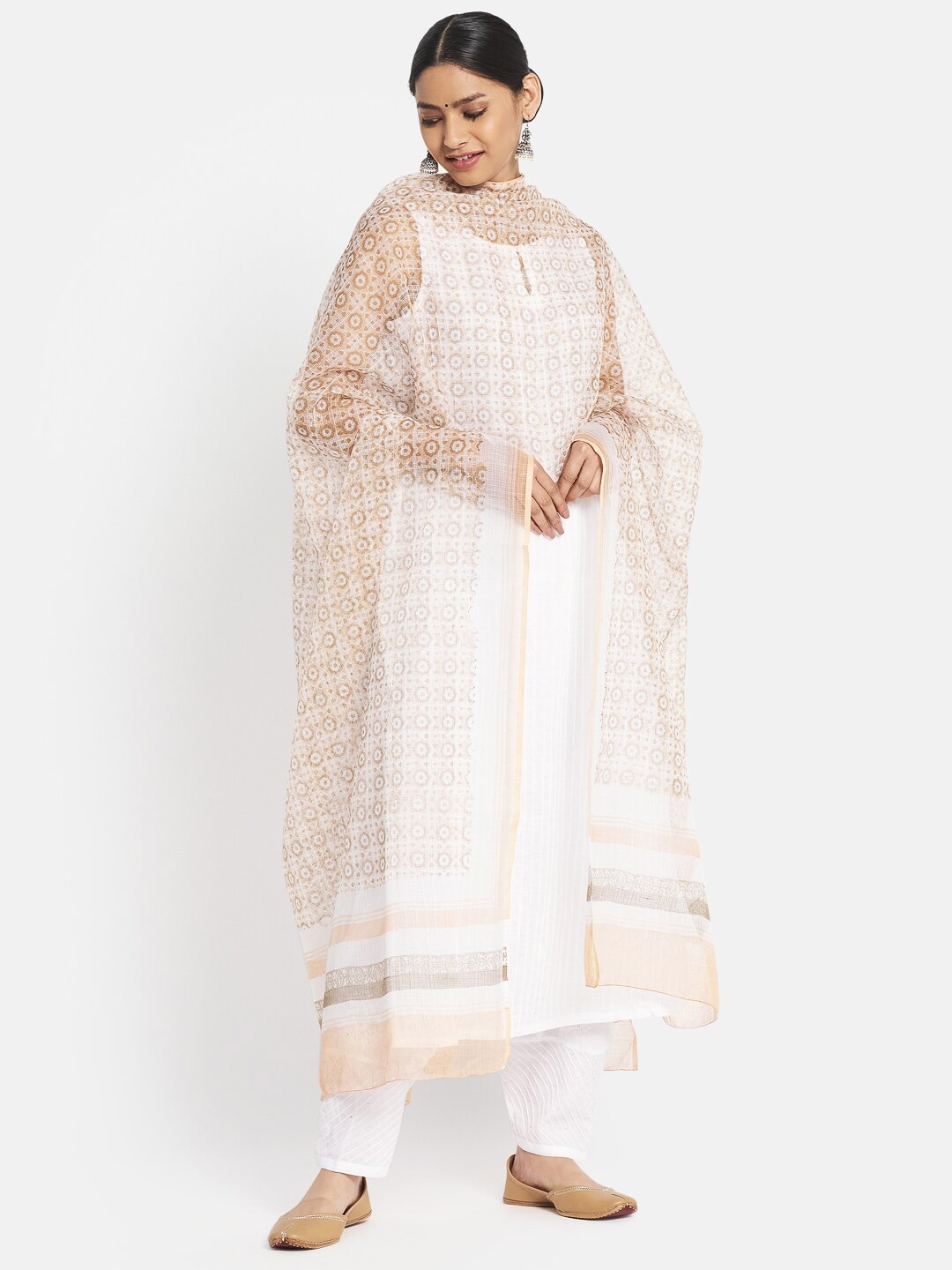 

Fabindia Beige & Pink Ethnic Motifs Printed Cotton Silk Dupatta