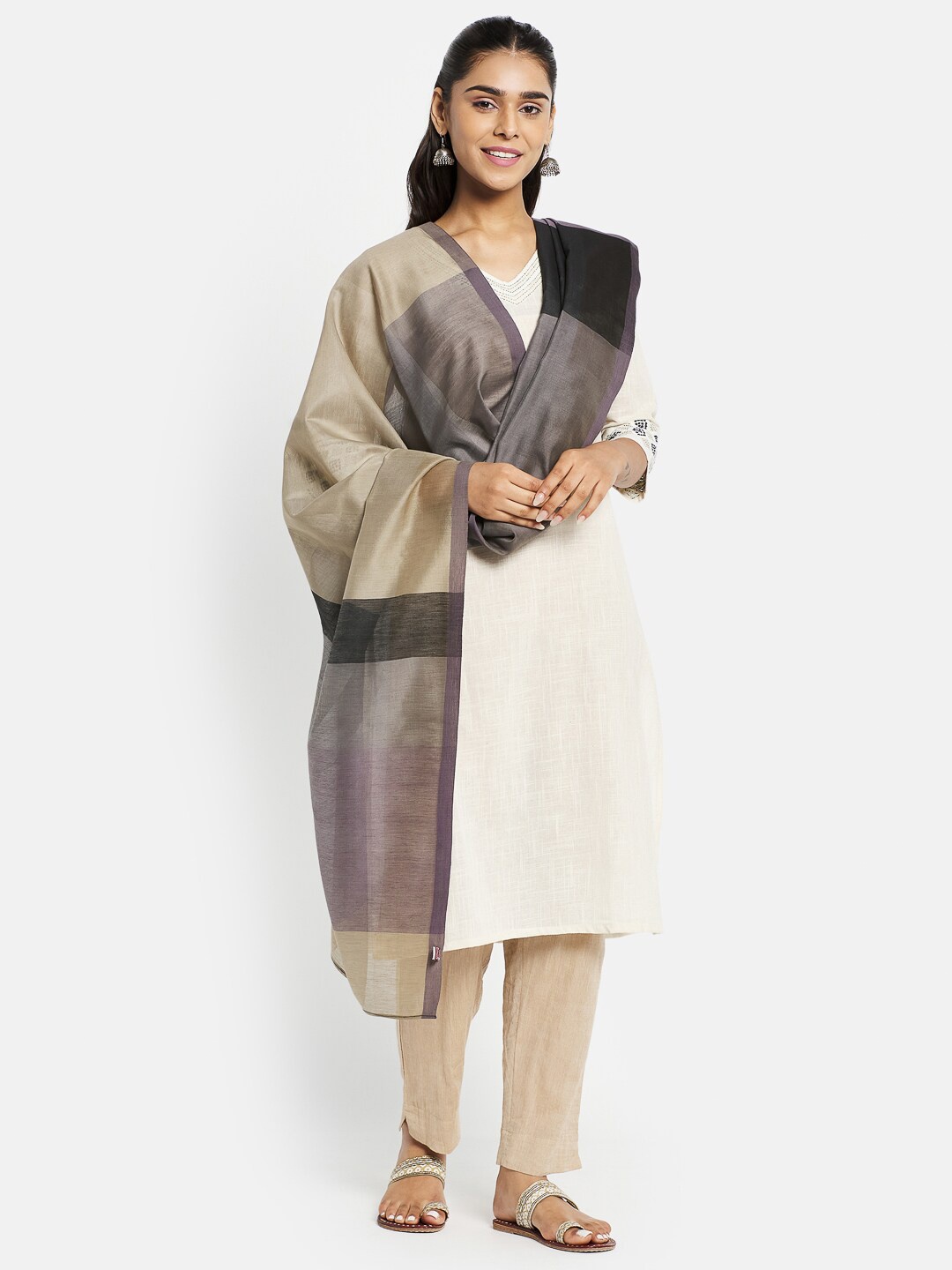 

Fabindia Women Beige & Grey Woven Design Cotton Silk Dupatta
