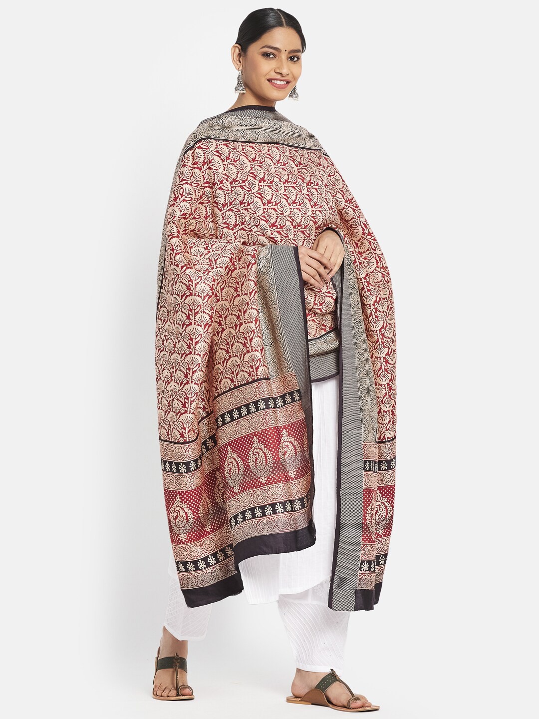 

Fabindia Red & Grey Floral Printed Pure Silk Dupatta