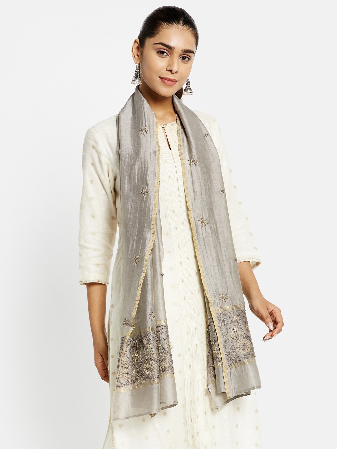 

Fabindia Women Grey & Gold-Toned Embroidered Cotton Silk Stole
