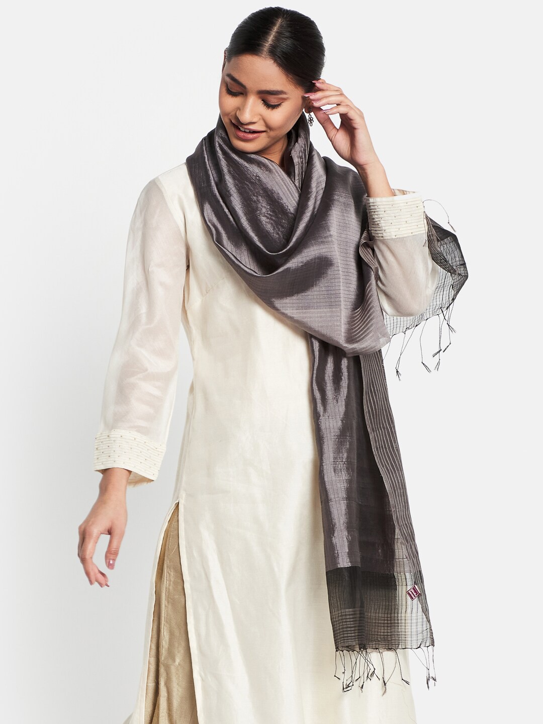 

Fabindia Women Grey Striped Stole