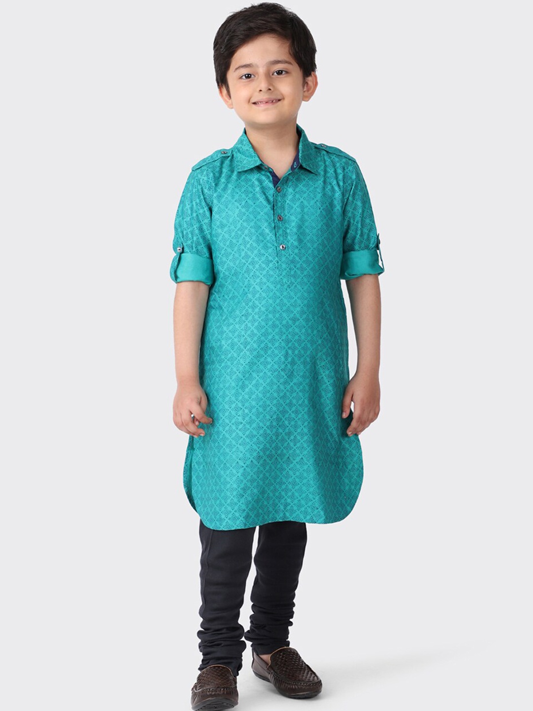 

Fabindia Boys Green Geometric Printed Pathani Kurta