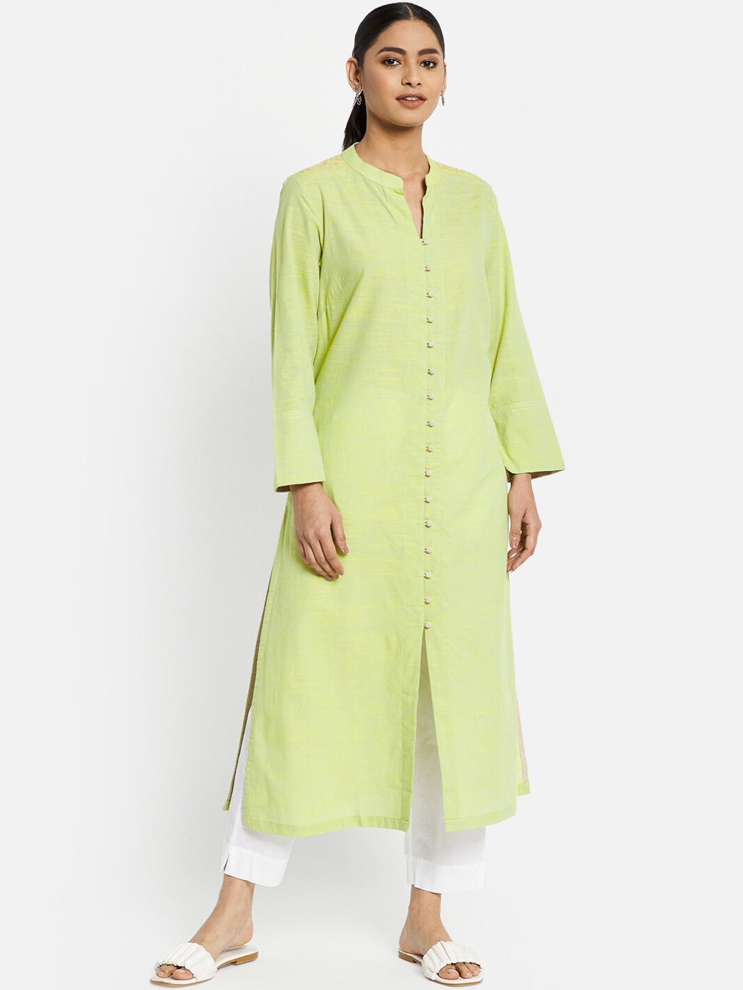 

Fabindia Women Green Thread Work Cotton Pathani Kurta