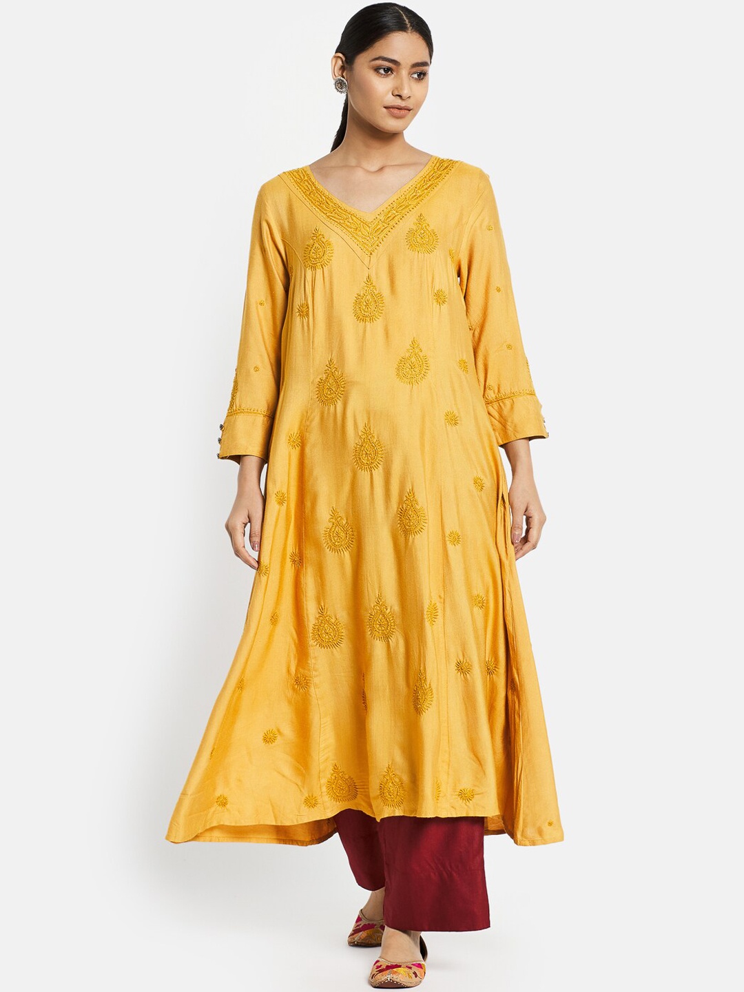 

Fabindia Women Mustard Yellow Ethnic Motifs Embroidered Thread Work Anarkali Kurta