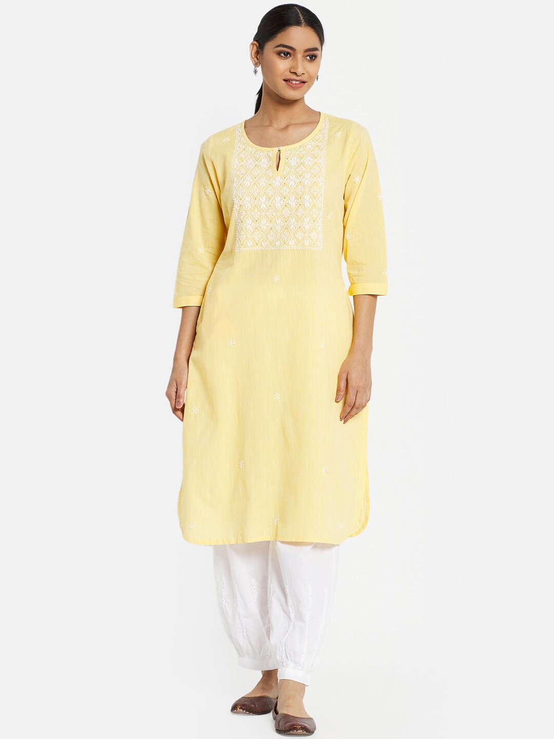

Fabindia Women Yellow Ethnic Motifs Keyhole Neck Thread Work Kurta
